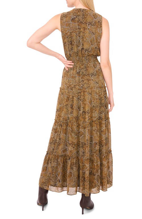 1.state Abstract Print Tie Neck Tiered Maxi Dress In Brown