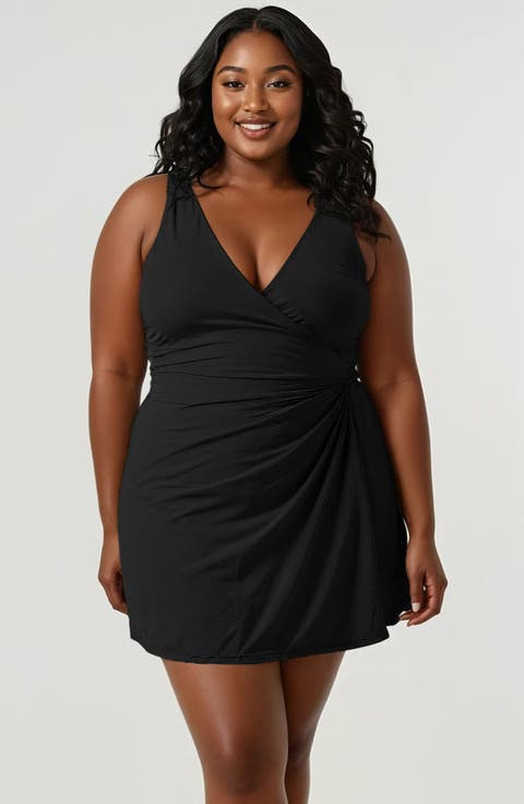 Plus Size Alana Wrap-Style Swim Dress With Hidden Bottoms and Adjustable Straps