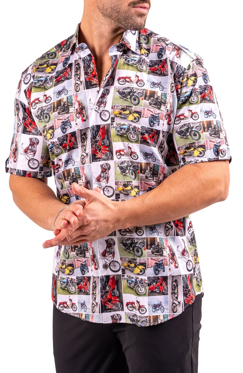 Maceoo Galileo Resistance0340 White Motorcycle Print Short Sleeve Cotton Button-Up Shirt, Alternate, color, White