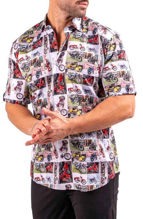 Maceoo Galileo Resistance0340 White Motorcycle Print Short Sleeve Cotton Button-up Shirt