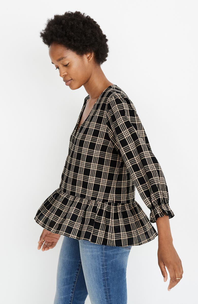 Madewell Courtyard Metallic Plaid Ruffle Hem Top, Alternate, color, 