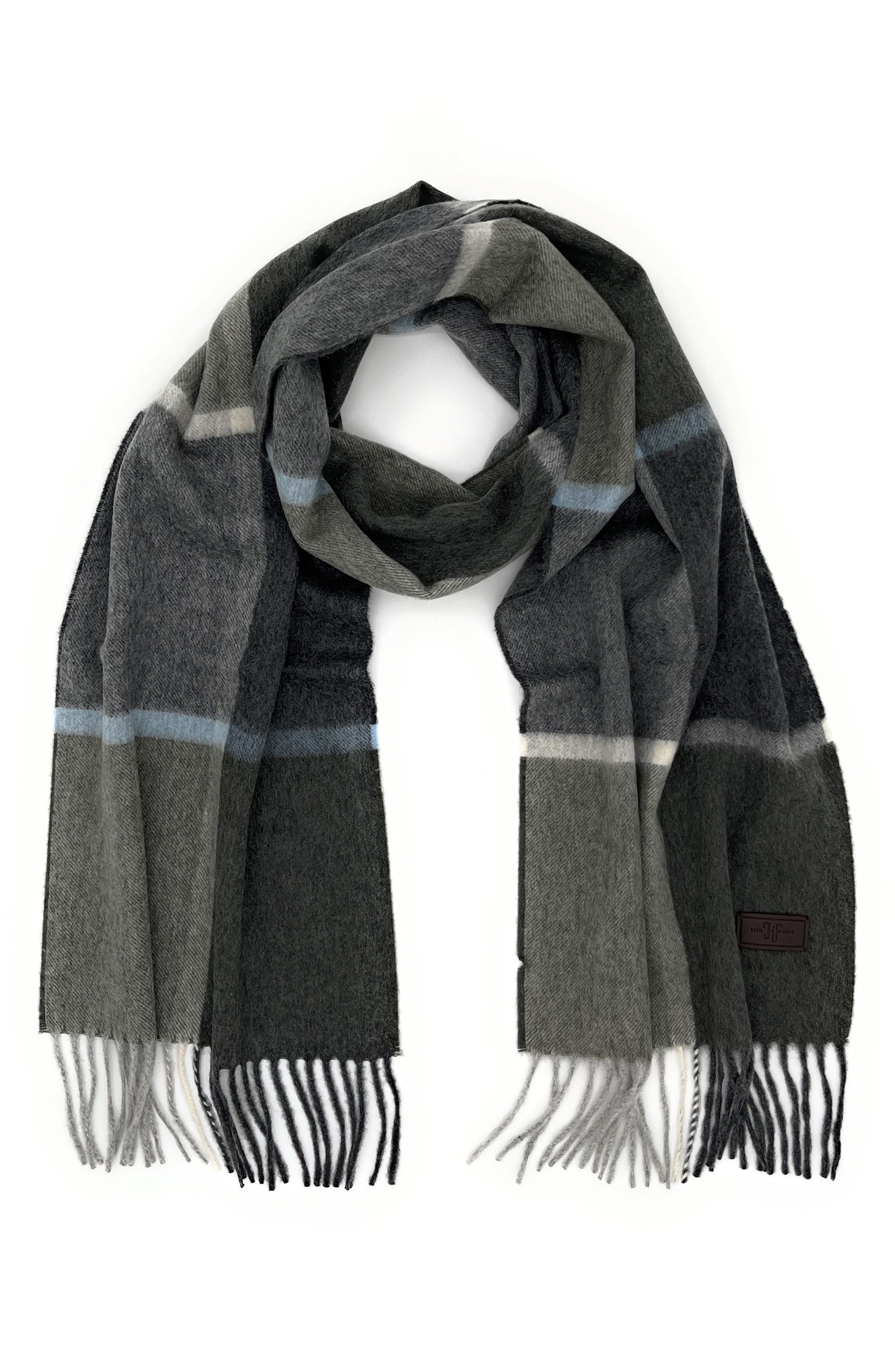 Hickey Freeman Plaid Colorblock Cashmere Fringe Scarf