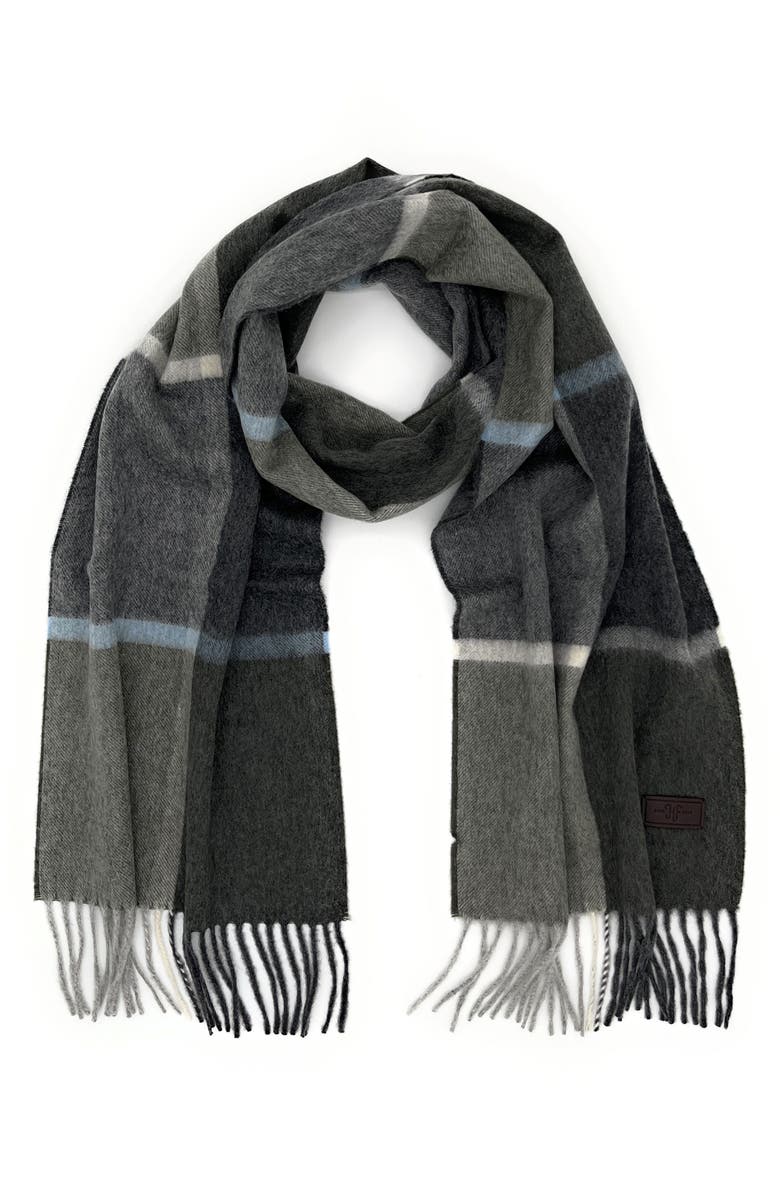 Hickey Freeman Plaid Colorblock Cashmere Fringe Scarf, Main, color, Charcoal Olive