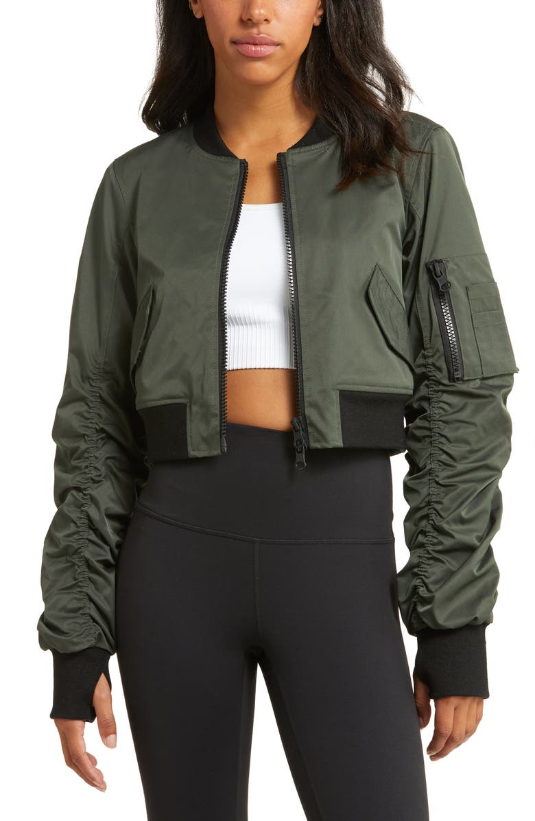 Blanc Noir Bombardier Crop Bomber Jacket, Main, color, Dark Forest