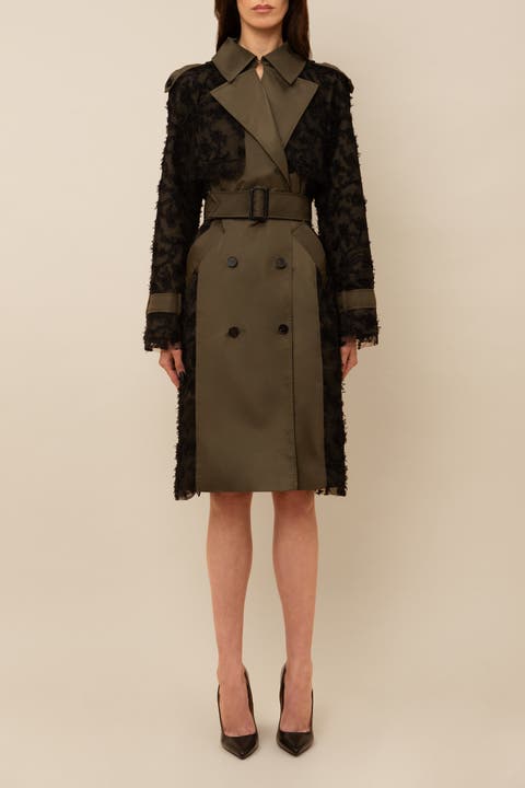 Claw Lace-Trimmed Elegant Cinched Trench Coat