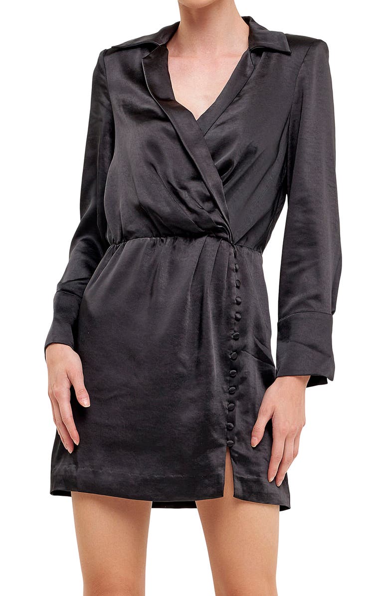 Endless Rose Long Sleeve Satin Minidress, Alternate, color, Black