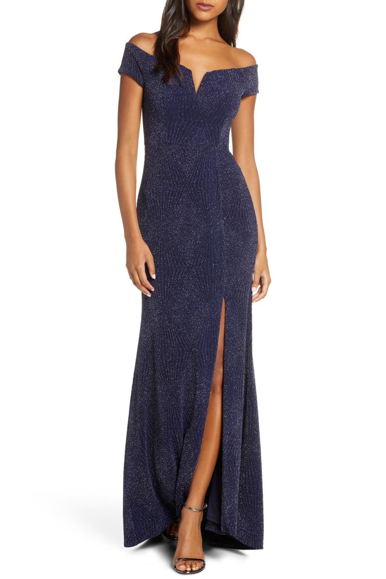Off the Shoulder Metallic Gown, Main, color, NAVY