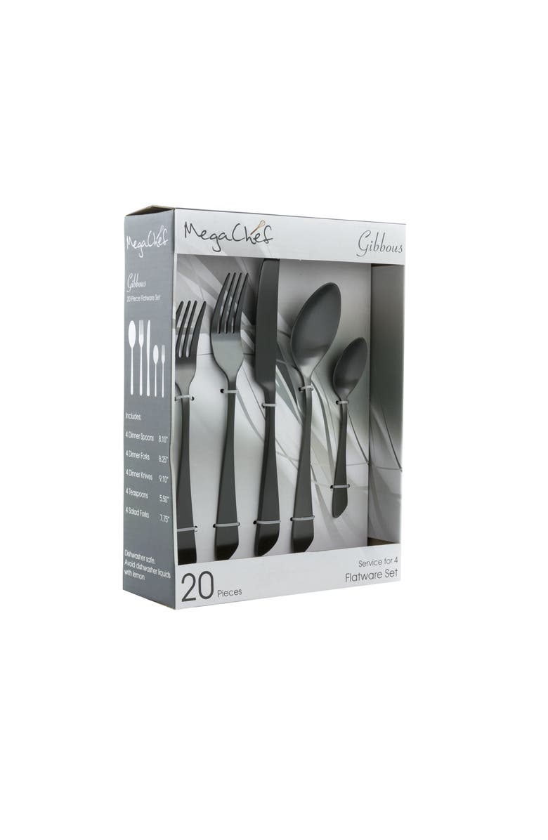 Megachef Gibbous 20 Piece Flatware Utensil Set, Stainless Steel Silverware Metal Service for 4, Main, color, Black