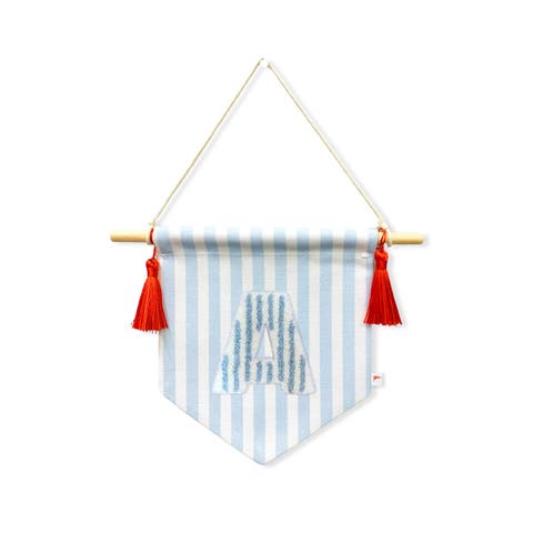 A B C' Blue Striped Create-Your-Own Banner with Red Tassels and Chenille Letter Patch