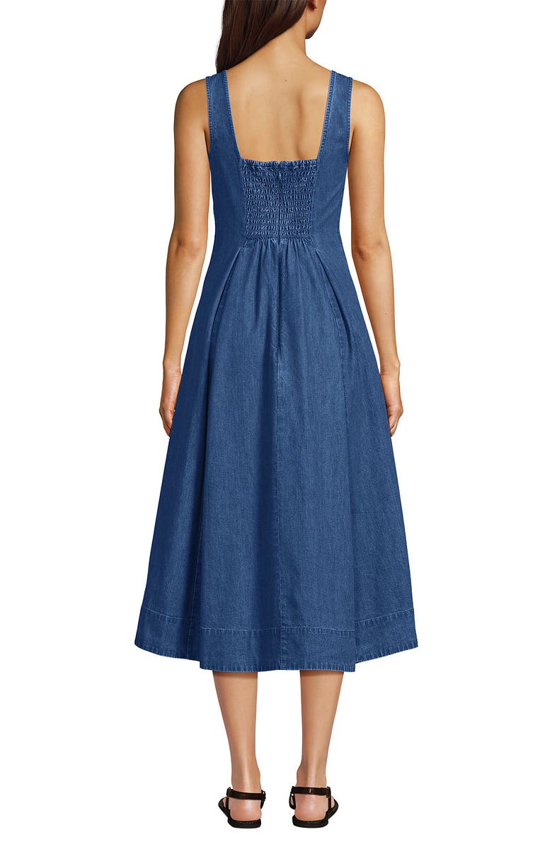 Lands' End Pleated Square Neck Cotton Poplin Midi Dress, Alternate, color, Lima Blue