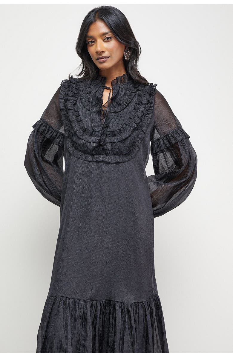 Warehouse Crinkle Stripe Frill Midi Dress, Alternate, color, Black