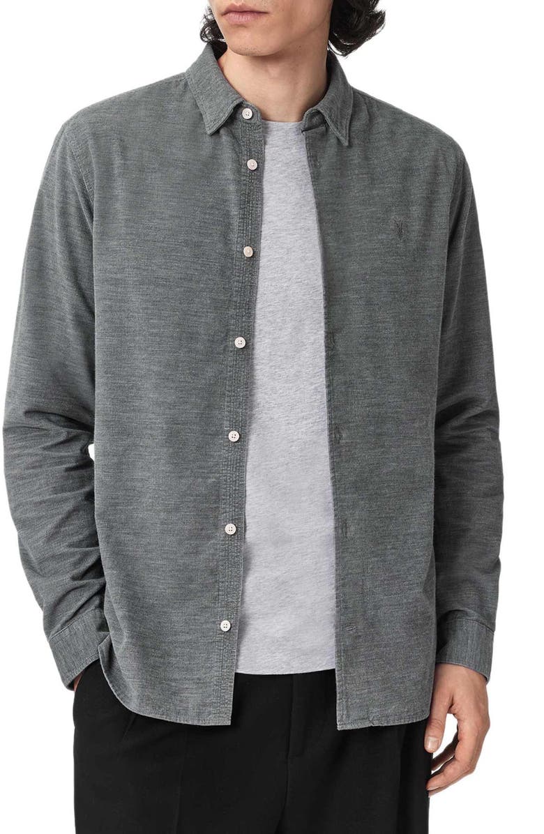 AllSaints Lorella Rib Cotton Button-Up Shirt, Main, color, Light Grey