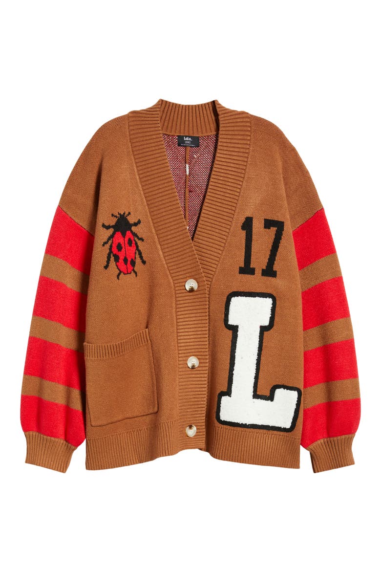 Ladybug Letterman Cardigan, Alternate, color, BROWN/RED