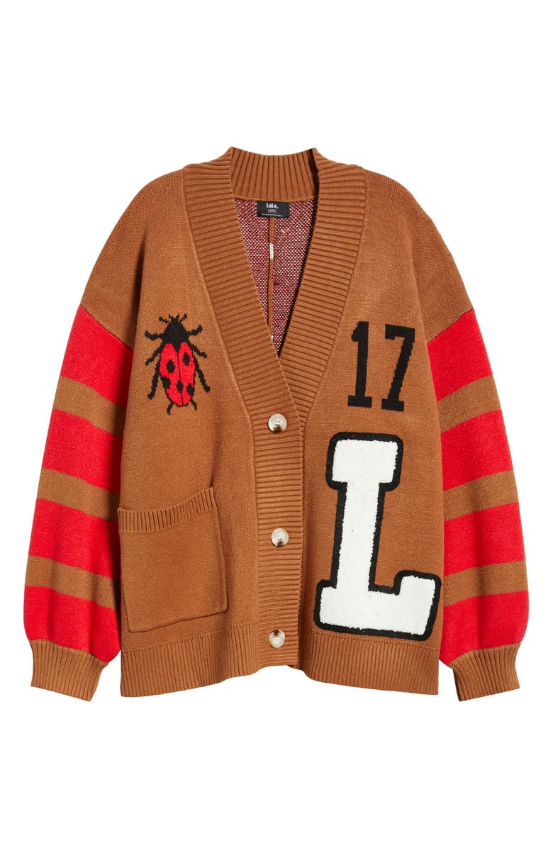 Dressed in Lala Ladybug Letterman Cardigan, Alternate, color, Brown/Red
