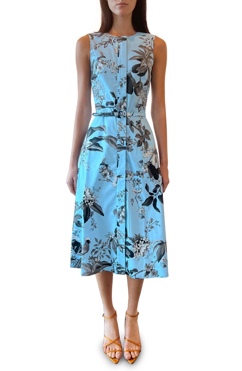 Oscar de la Renta Flora & Fauna Sleeveless Stretch Cotton Poplin Midi Shirtdress, Main, color,