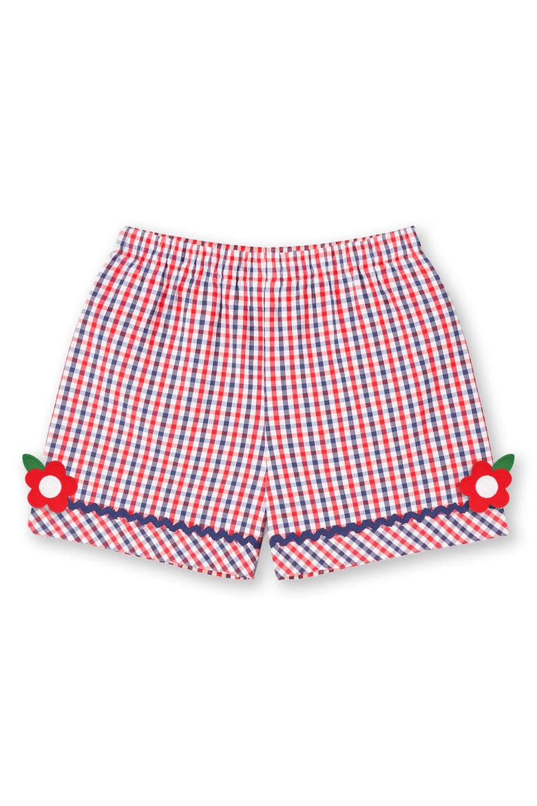 Plaid Seersucker Shorts With Ric Rac & Flowers, Main, color, Navy/White/Red
