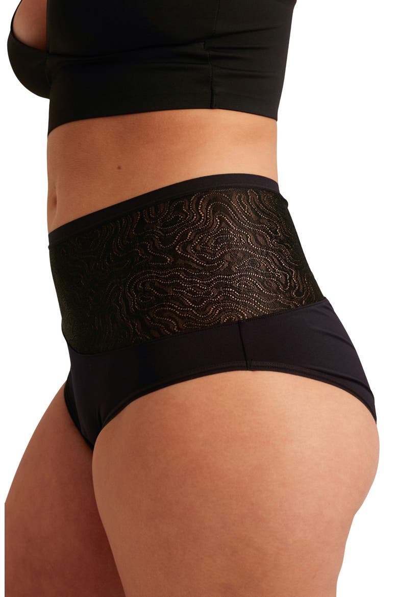 Period & Leakproof Regular Absorbency Lace Panel High Waist Briefs, Alternate, color, VOLCANIC BLACK