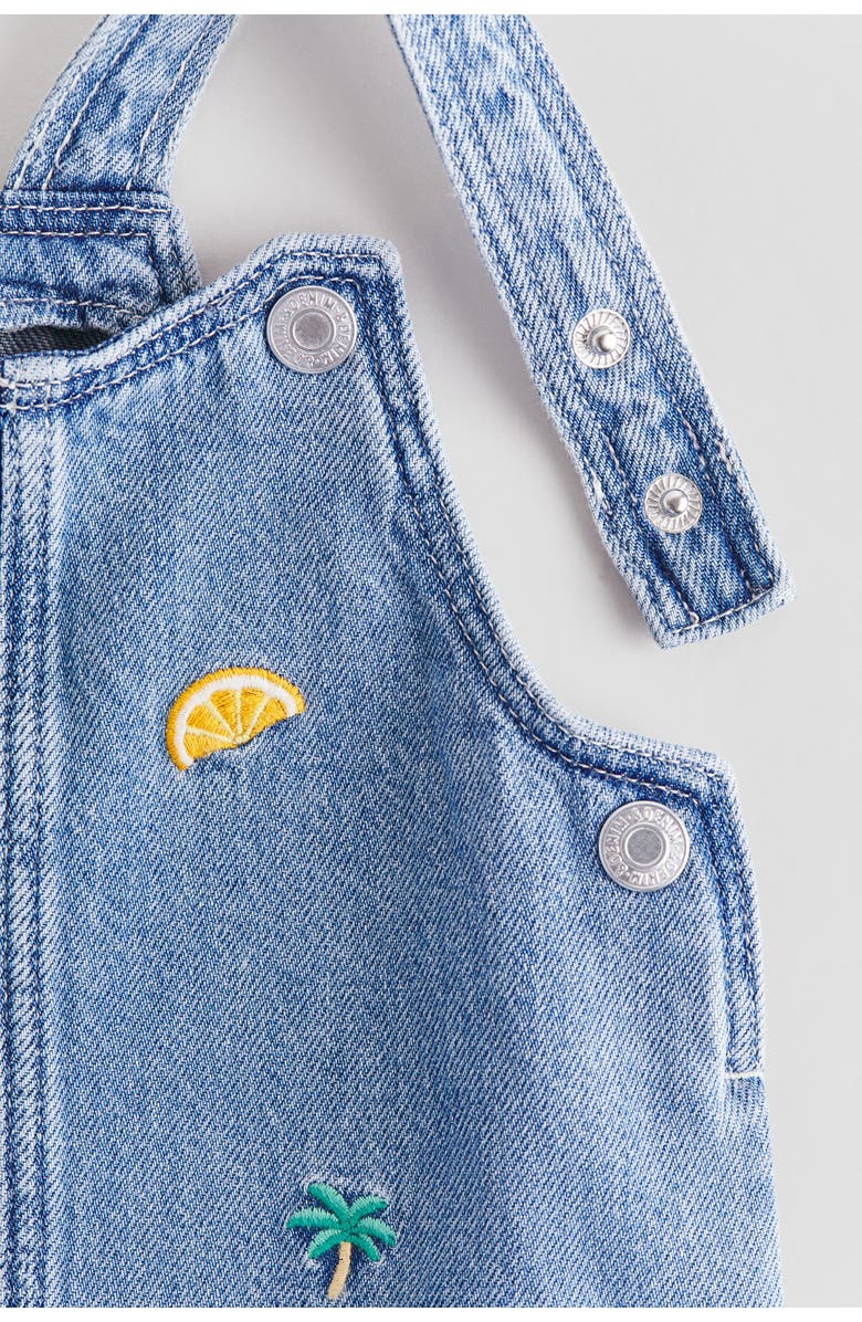 H&M Embroidery-detail Denim Dungaree Dress, Alternate, color, Denim Blue/Palm Trees