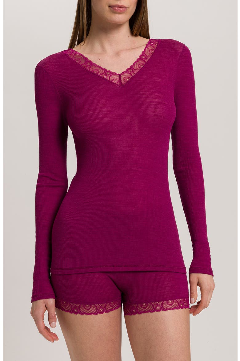 Lace Trim Merino Wool & Silk Rib Sleep Top, Main, color, PINK TOURMALINE