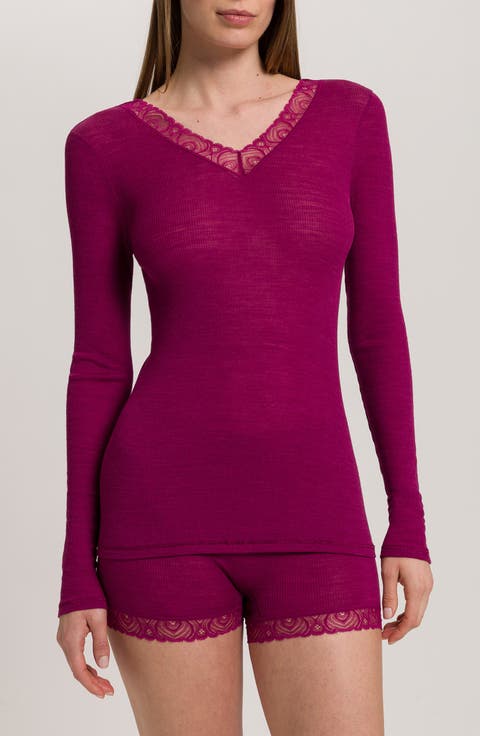 Lace Trim Merino Wool & Silk Rib Sleep Top