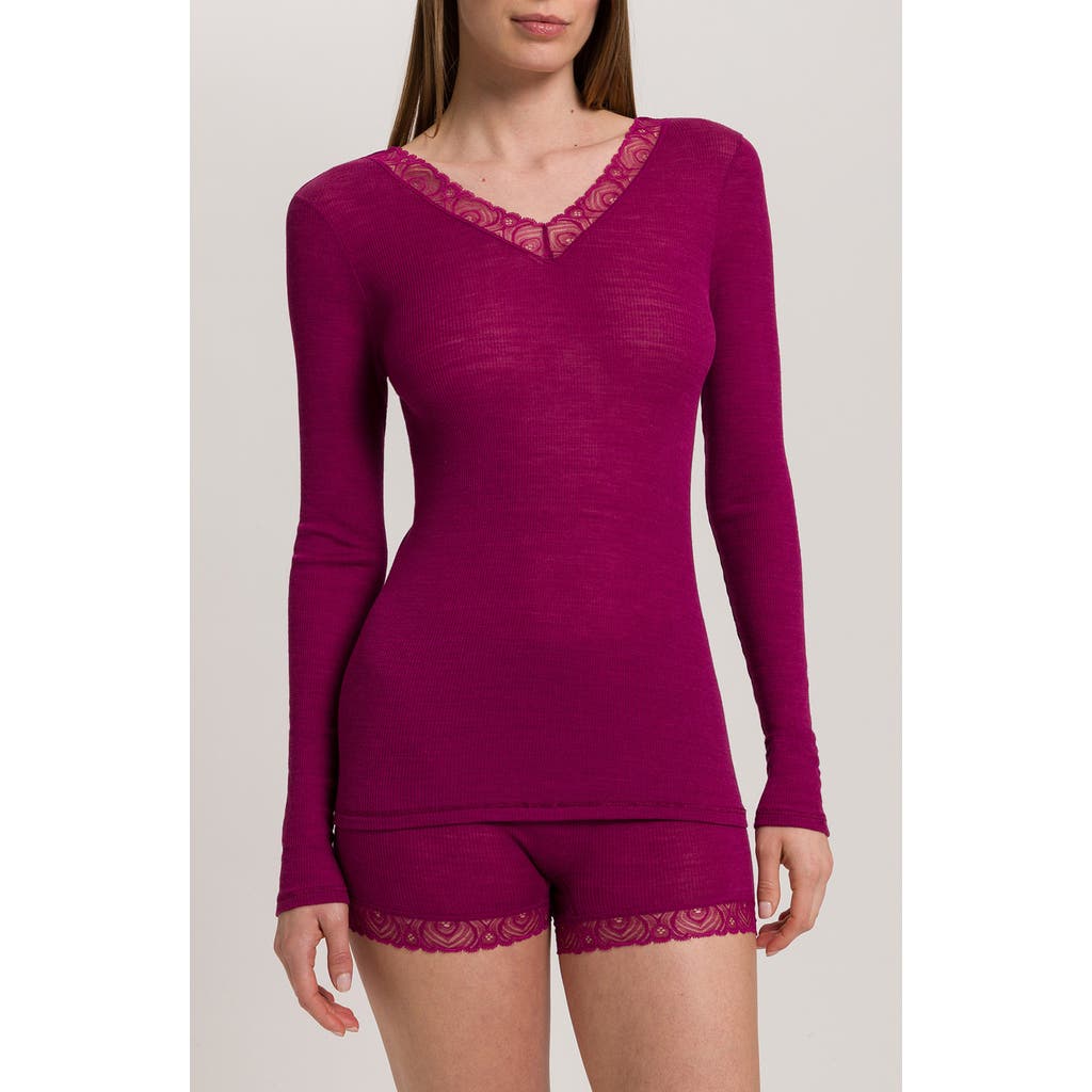 Hanro Lace Trim Merino Wool & Silk Rib Sleep Top In Pink