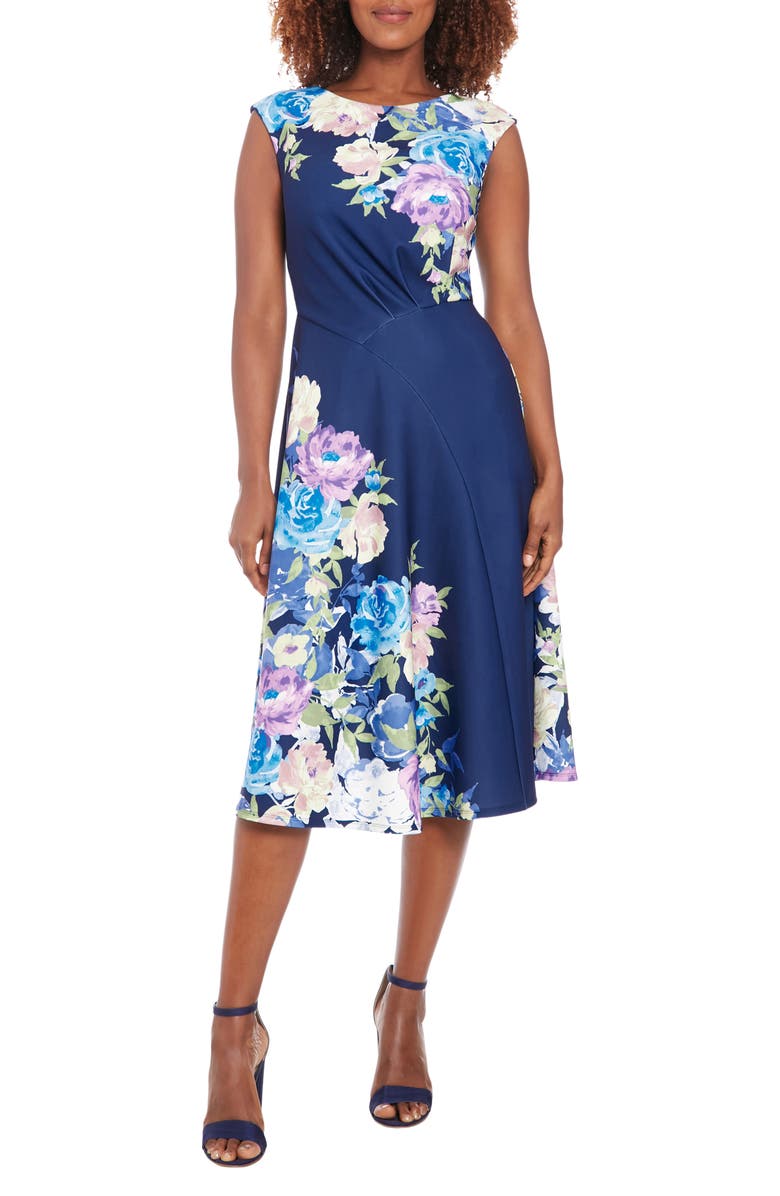 London Times Floral Sleeveless Asymmetric Fit & Flare Dress, Main, color,
