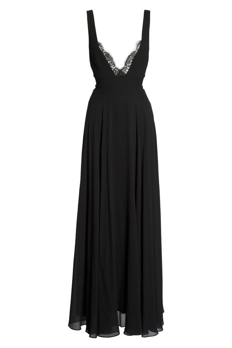 Lace Trim Chiffon Maxi Dress, Alternate, color, BLACK