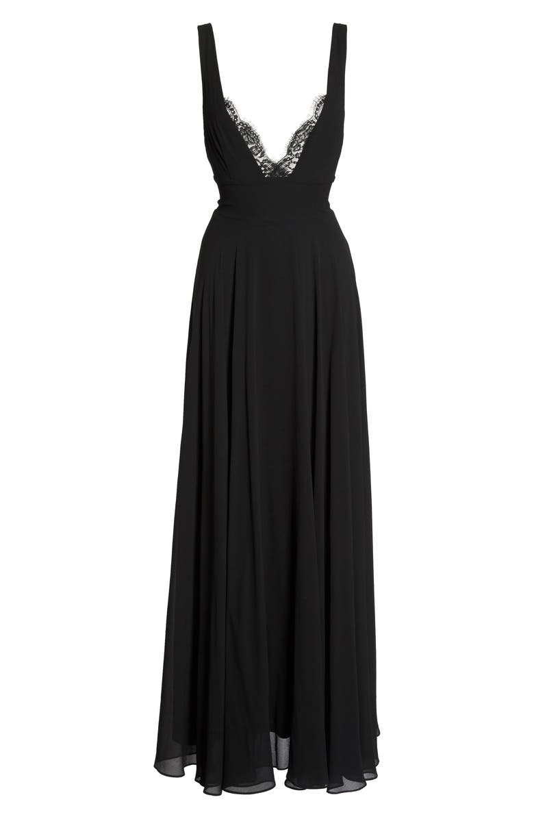 Lulus Lace Trim Chiffon Maxi Dress, Alternate, color,