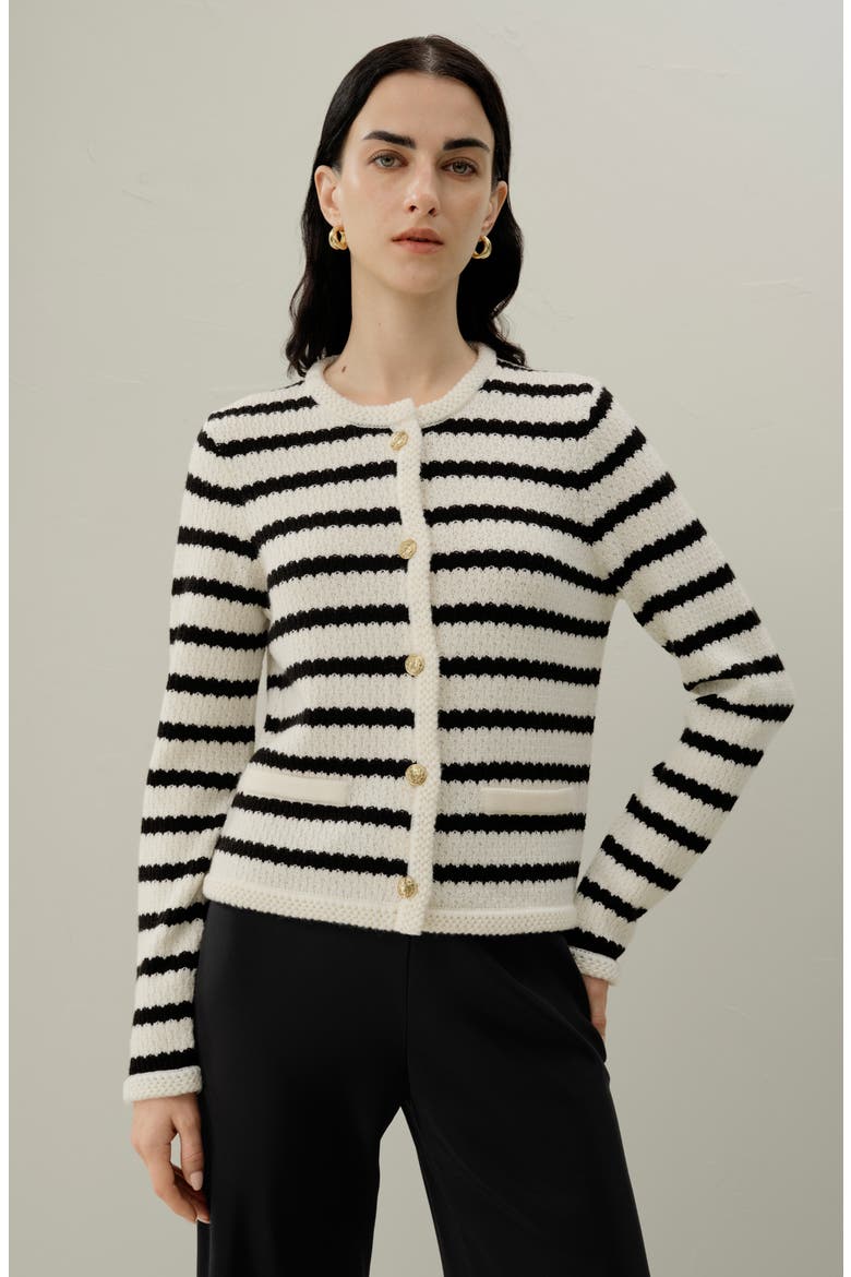 Women's Stripped Crochet Washable-Wool Cardigan, Alternate, color, Black&White Stripes