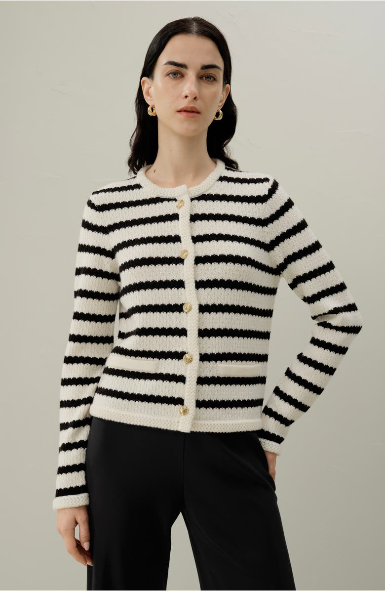 Lilysilk Stripped Crochet Washable-Wool Cardigan, Alternate, color, Black&White Stripes