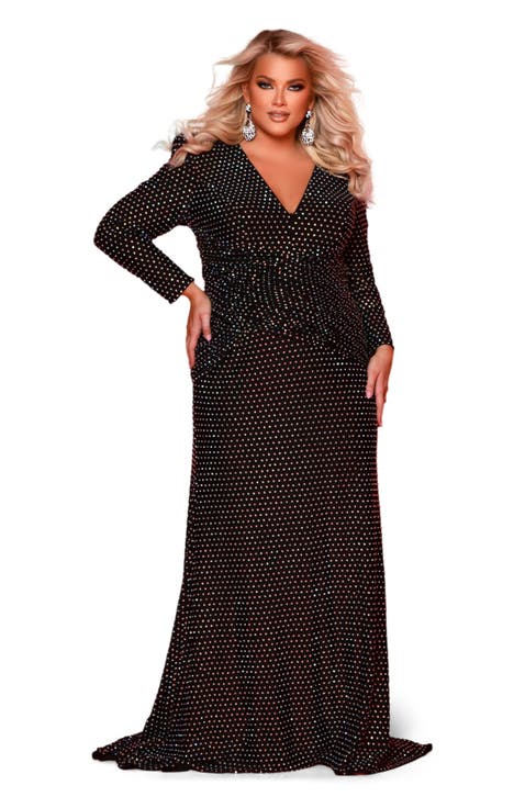 Ruched Long Sleeve V-Neck Plus Size Evening Gown