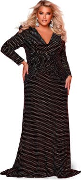 Johnathan Kayne for Sydney's Closet Ruched Long Sleeve V-Neck Plus Size Evening Gown