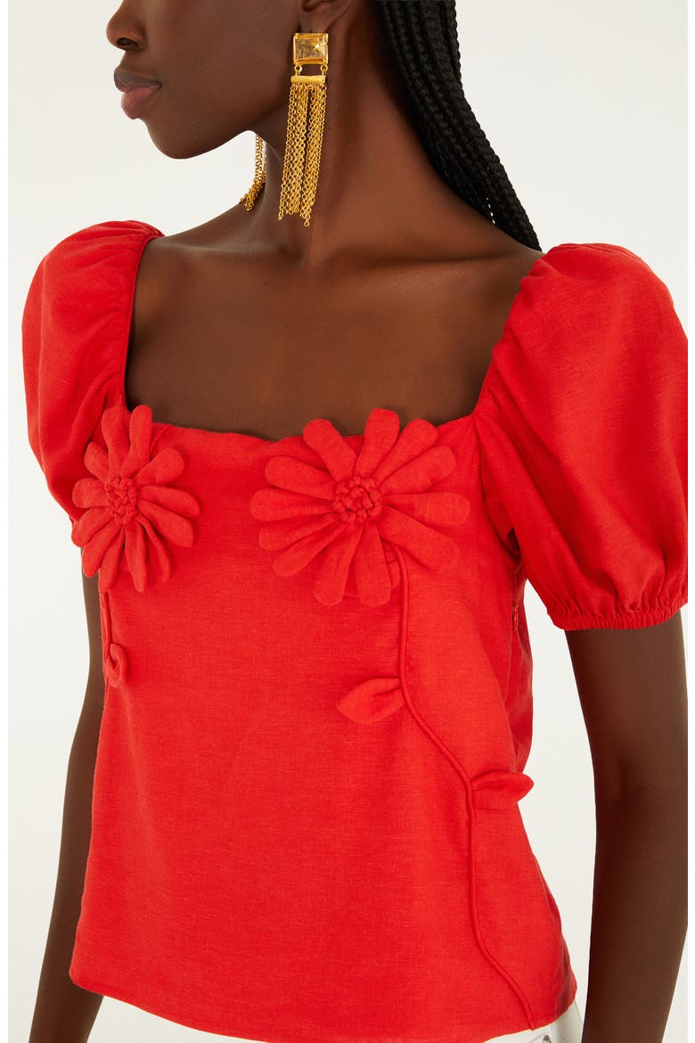 Floral Appliqué Linen Blend Short Sleeve Top, Alternate, color, RED