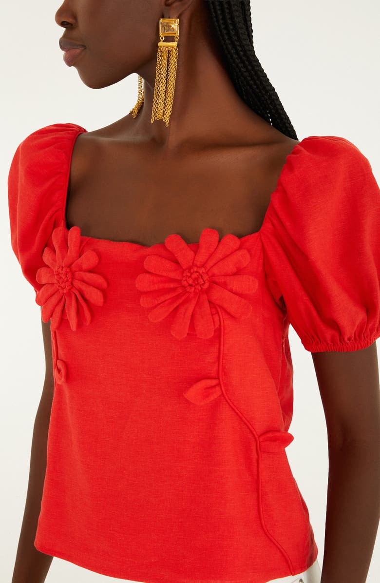 FARM Rio Floral Appliqué Linen Blend Short Sleeve Top, Alternate, color, Red