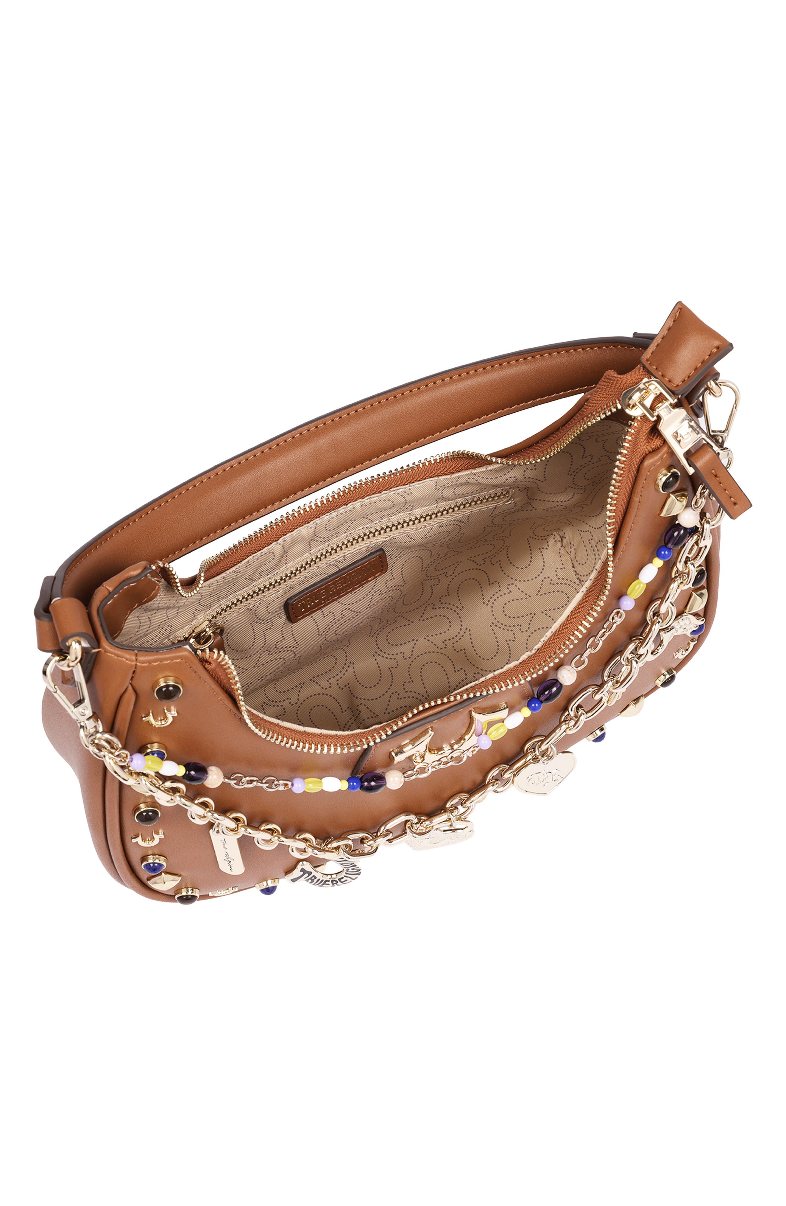 Chain and Studded Faux Leather Hobo, Alternate, color, COGNAC