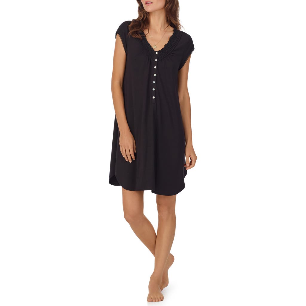 Eileen West Ruffle Lace Trim Jersey Nightgown In Black