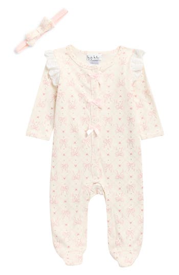 Nicole Miller Babies' Bow Print Footie & Headband Set In White