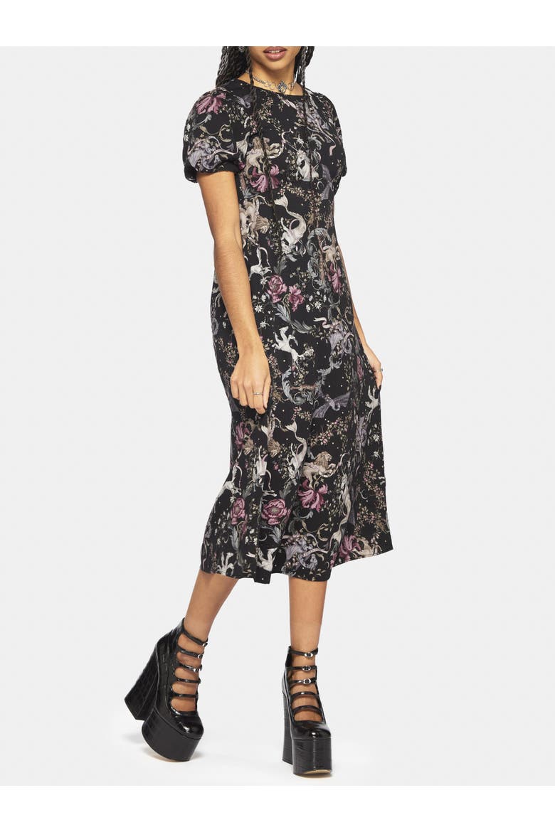 Merunicorn Enchanted Forest Midi Dress, Alternate, color, Black