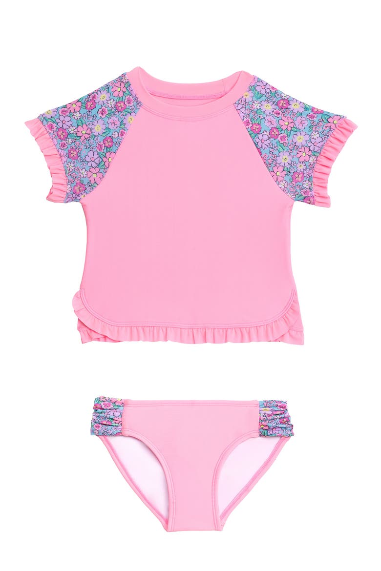 Little Girls Shortsleeve Ruffle Rashguard 2-Piece Swimwear Set, Main, color, Disty Bouquet