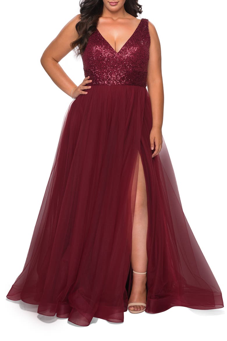 Curvy A-line Gown with Sequin Bodice and Tulle Skirt, Main, color, WINE