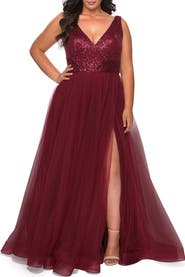 La Femme Curvy A-line Gown with Sequin Bodice and Tulle Skirt