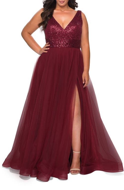 La Femme Curvy A-line Gown With Sequin Bodice And Tulle Skirt