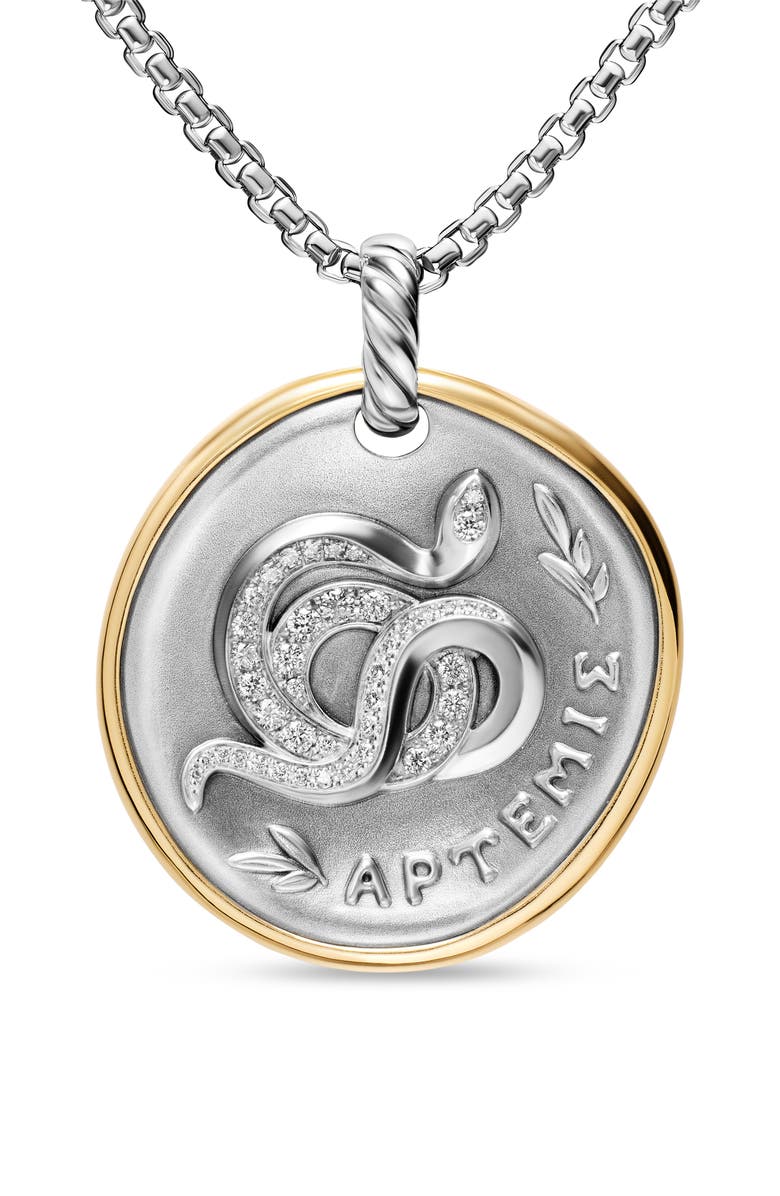 David Yurman Medallion Amulet Sterling Silver with 14K Yellow Gold and Diamonds, 29.5mm, Alternate, color, Silver Pave Artemis