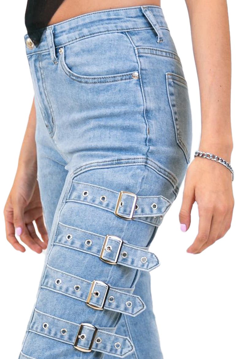 Buckle Up Stretch Skinny Jeans, Alternate, color, BLUE
