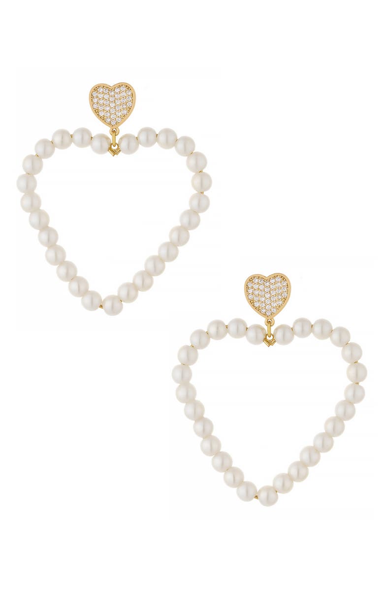 Ettika Big Heart Imitation Pearl Drop Earrings, Main, color, Gold