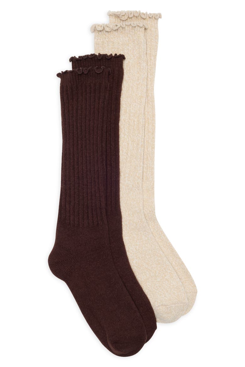 2-Pack Soft Lettuce Edge Knee High Socks, Main, color, BROWN MULTI