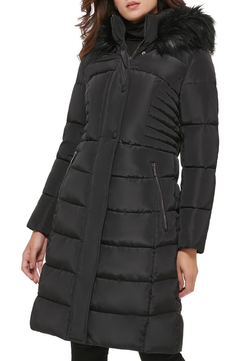 Memory Faux Fur Trim Hooded Puffer Coat, Main, color, BLACK
