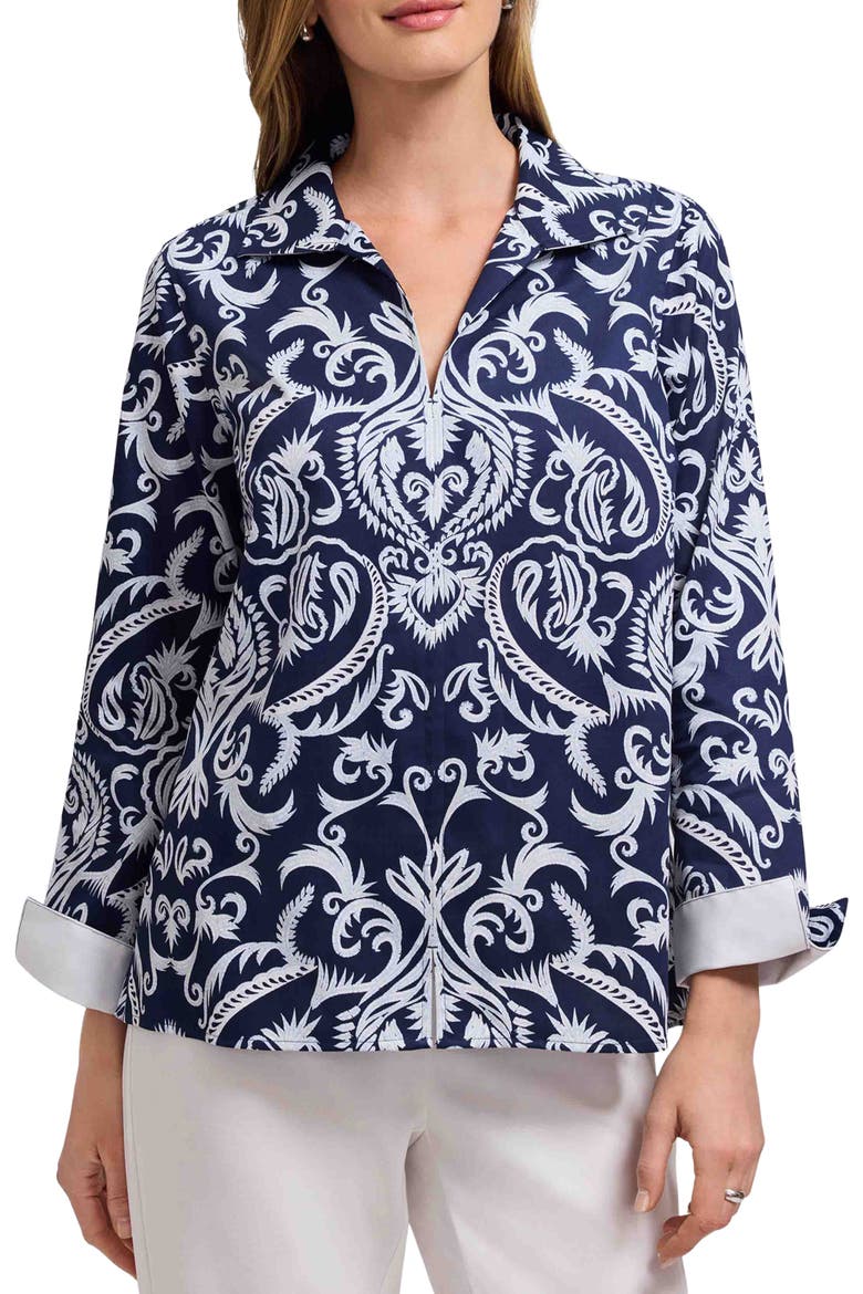 Agnes Florentine Damask Three-Quarter Sleeve Cotton Popover Top, Main, color, NAVY BLUE/ WHITE
