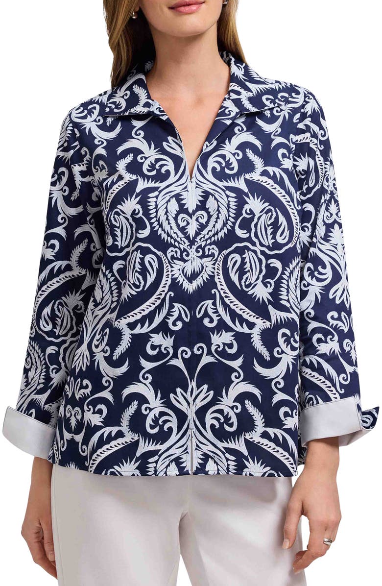Foxcroft Agnes Florentine Damask Three-Quarter Sleeve Cotton Popover Top, Main, color, Navy Blue/ White