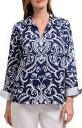 Foxcroft Agnes Florentine Damask Three-Quarter Sleeve Cotton Popover Top